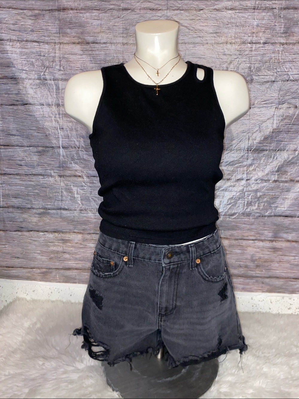 Art Class Black Ribbed Tank with Shoulder Cut Out